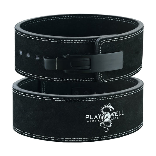 Leather powerlifting belt buckled for heavy squat or deadlift